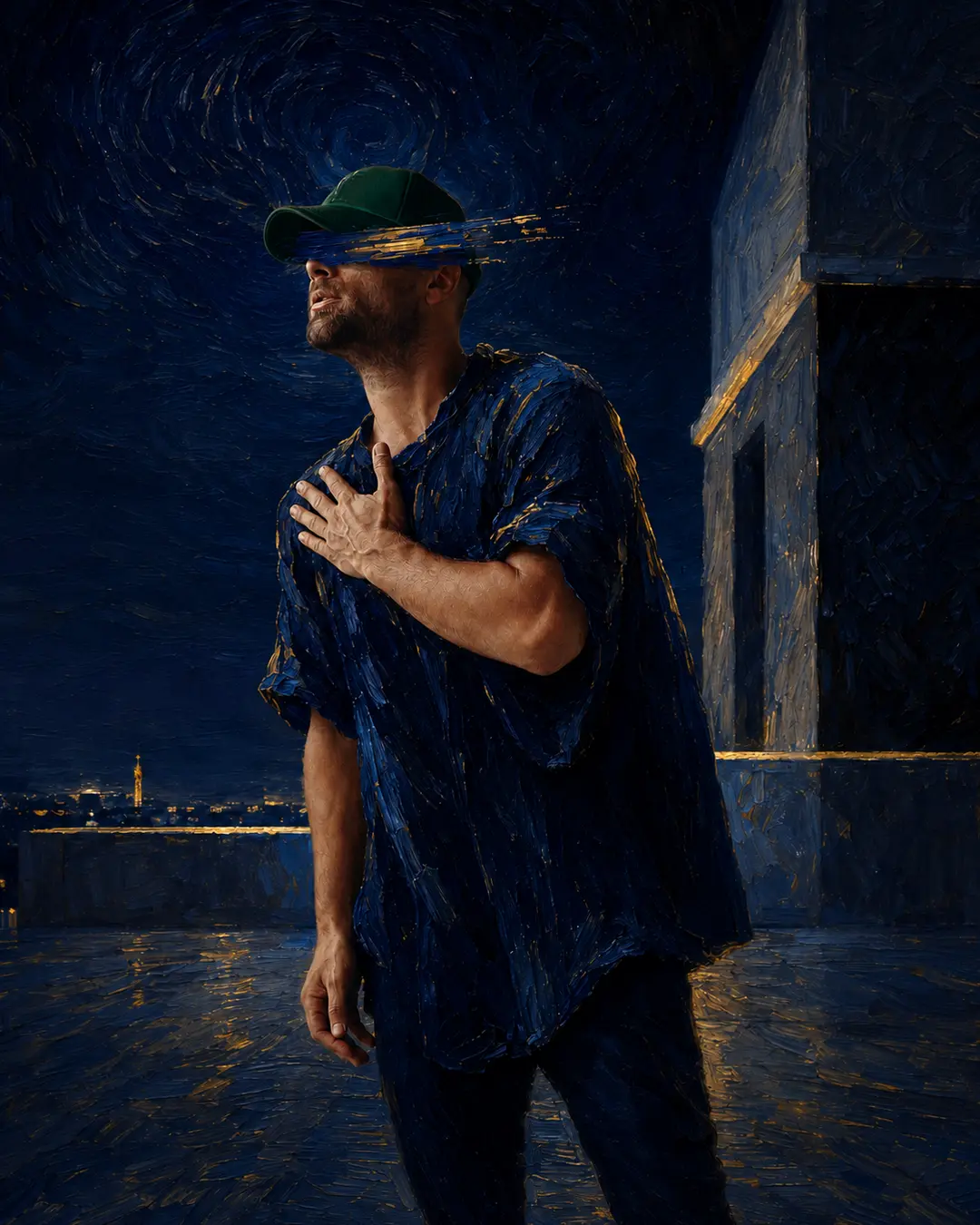 Text-free blue-and-gold night rooftop artwork of Paul Lizzi from the Bring Me Volume