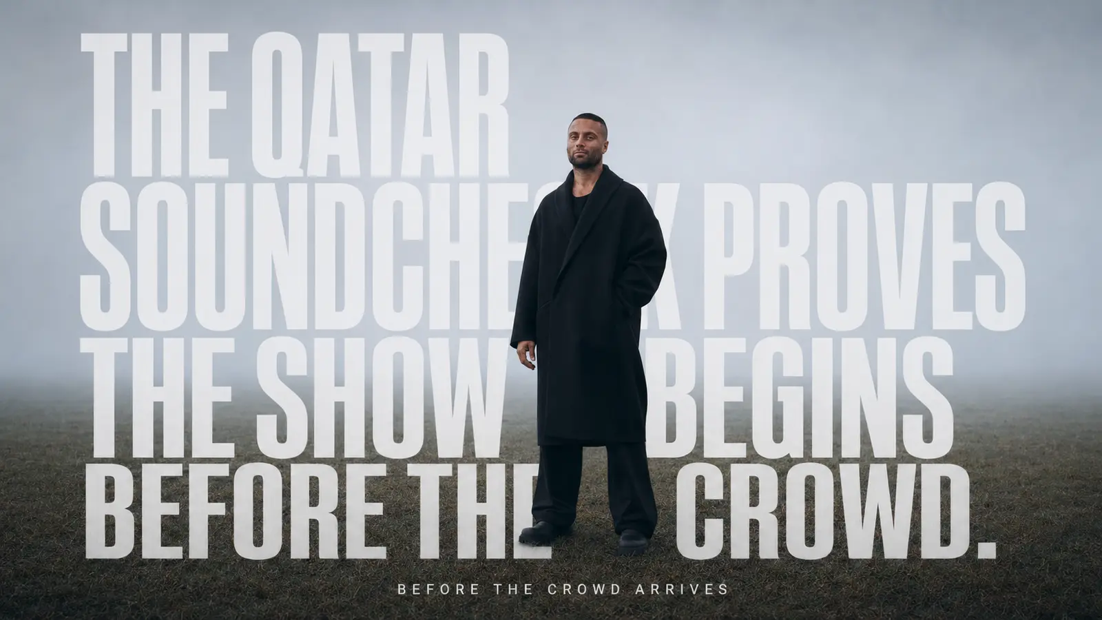 Wide cold field portrait of Paul Lizzi for the Qatar Asia Cup soundcheck Volume, with the complete Volume 009 title in monumental condensed type behind him.