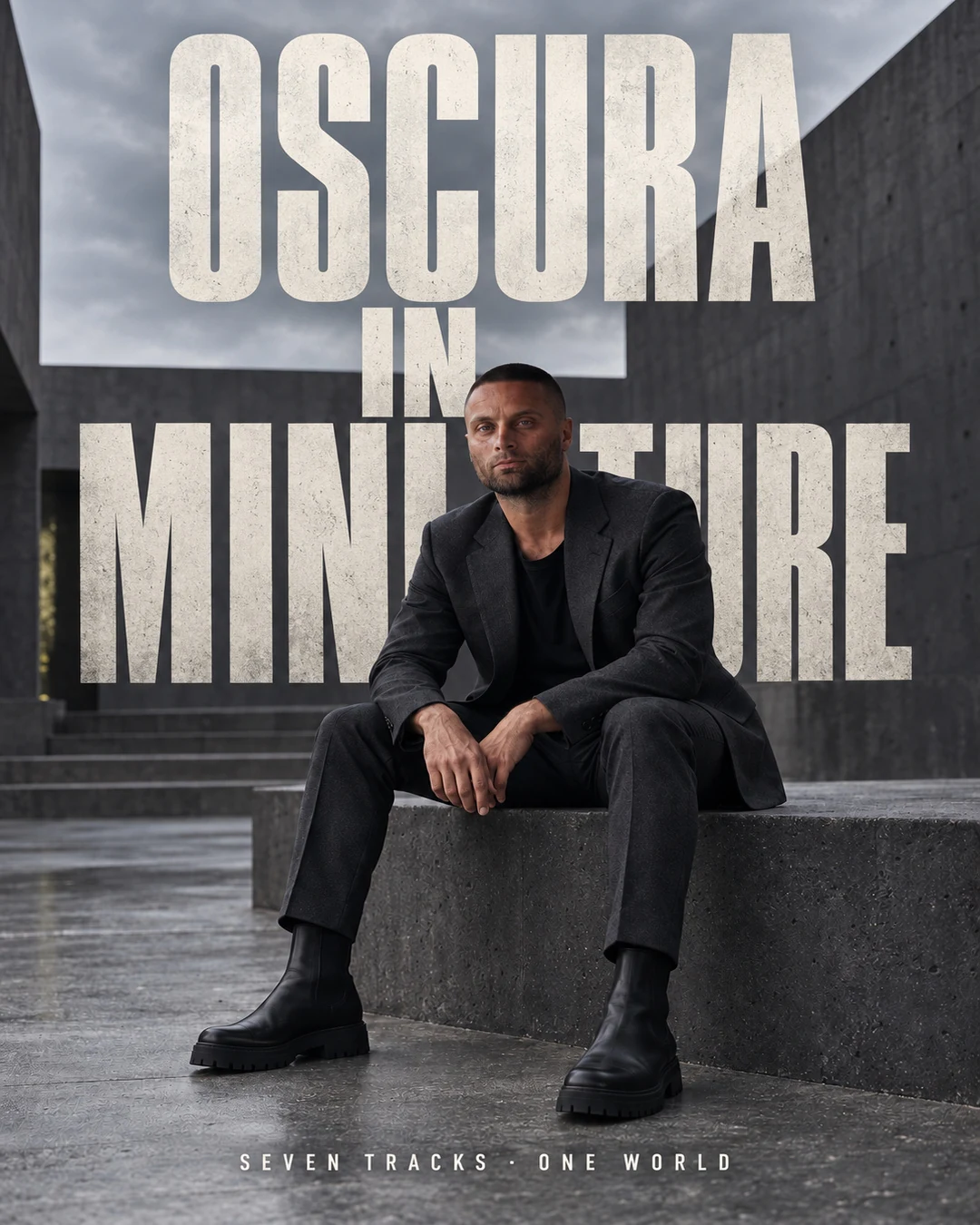 AI-created editorial portrait of Paul Lizzi seated in a graphite suit in an open-air concrete courtyard, with OSCURA in miniature in monumental lettering behind him.