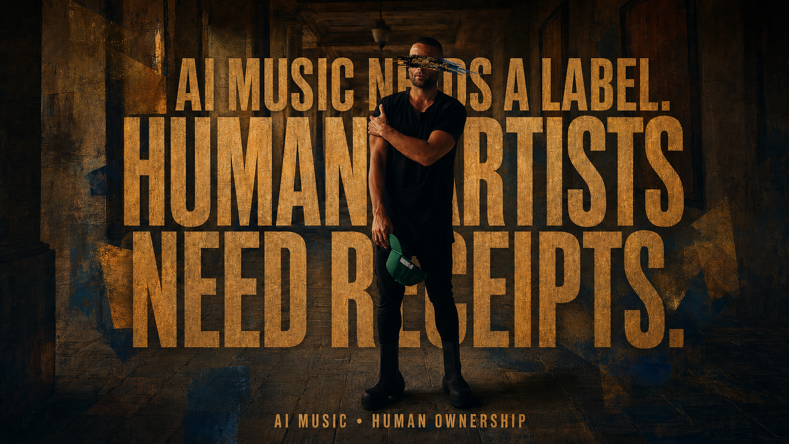 Wide LIZZIFY Volume 001 header showing Paul Lizzi with both eyes hidden by a black, gold and blue painterly fragment, standing before the full title AI Music Needs a Label. Human Artists Need Receipts.