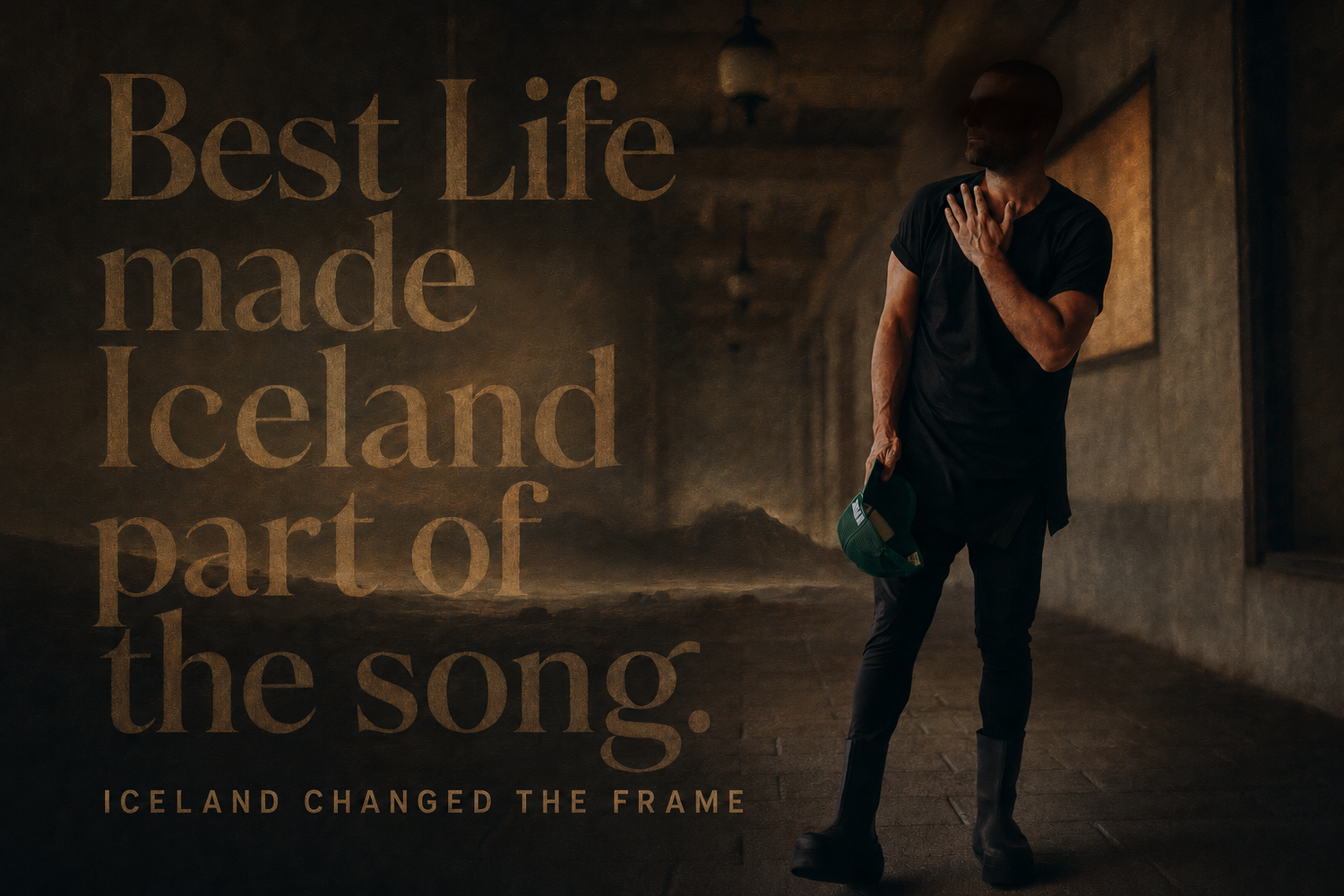 Paul Lizzi in a Rembrandt-like warm-umber portrait for the Best Life Iceland video, with both eyes hidden in chiaroscuro shadow and the full Volume 002 title behind him.