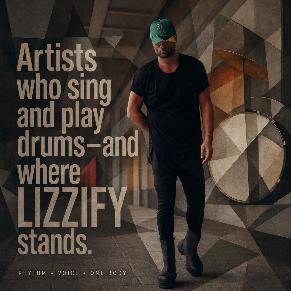Square Cubist editorial portrait of Paul Lizzi for Drum Luvin’ and the singer-drummer lineage, with both eyes hidden by a geometric shard and the full Volume 003 title behind him.