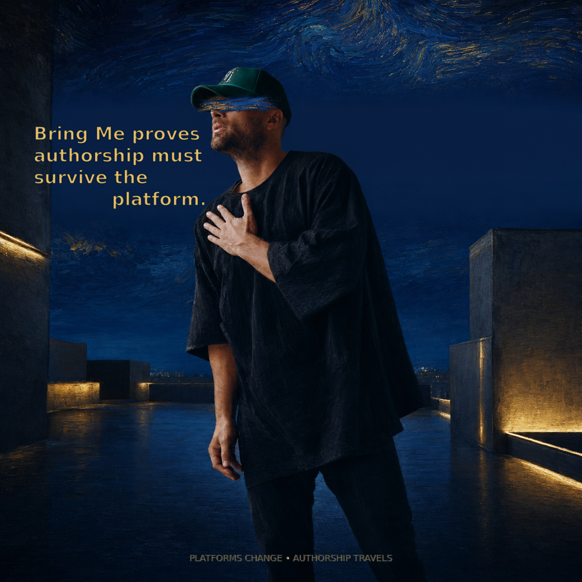 Square expressive blue-and-gold rooftop portrait of Paul Lizzi for the official Bring Me video, with both eyes hidden by a painterly brush passage and the complete Volume 007 title behind him.